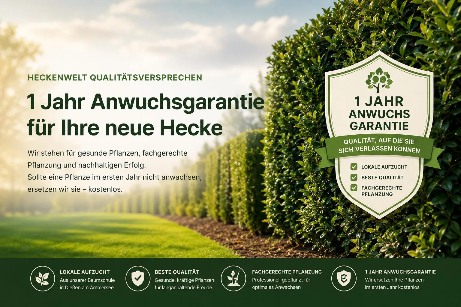 1 Jahr Anwuchsgarantie für Ihre neue Hecke – Heckenwelt Qualitätsversprechen: lokale Aufzucht, beste Qualität, fachgerechte Pflanzung. Wächst eine Pflanze im ersten Jahr nicht an, ersetzen wir sie kostenlos.